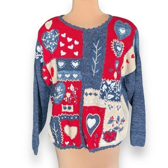 Vintage 90s Red Navy Blue Cardigan Round Neck Heart Floral Bright Pattern Knit - Picture 2 of 12